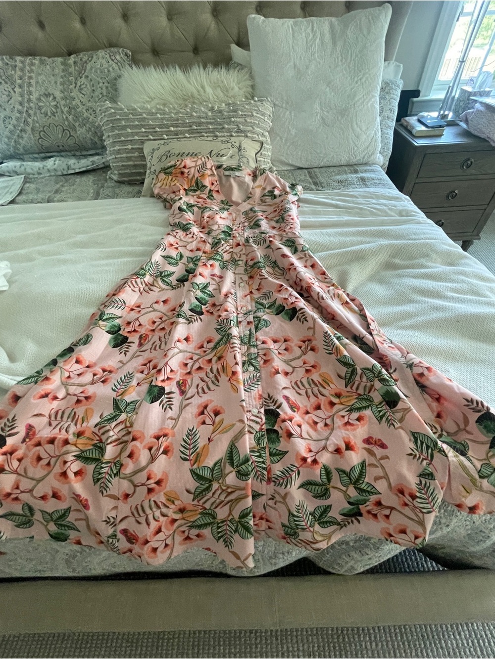 LOFT Pink Floral V-Neck Button Front Dress